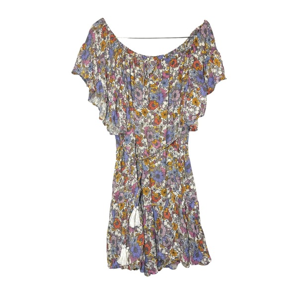 Cynthia Rowley Dresses & Skirts - Cynthia Rowley Floral Off Shoulder Mini Dress XL Purple Orange Boho Tassel Belt